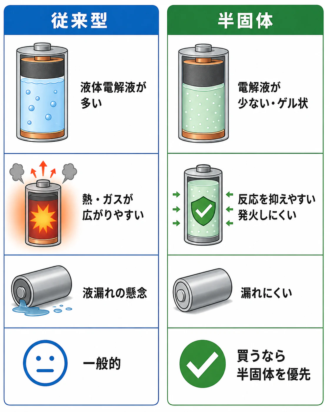 従来型と半固体電池の違いを、電解液・発火しにくさ・液漏れの観点で比較した図